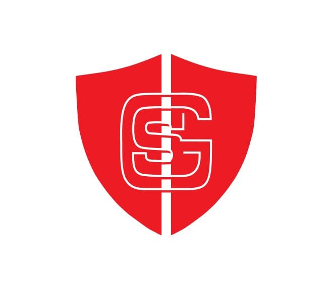 A red and white shield with the letter s on it.