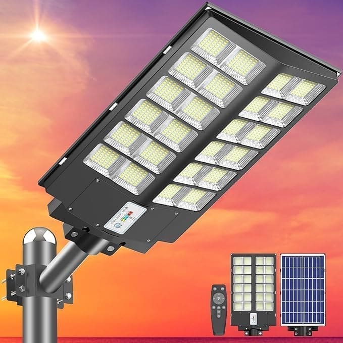 A street light with remote controls and solar panels.