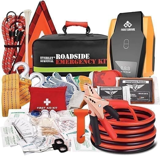 A roadside emergency kit with an assortment of items.