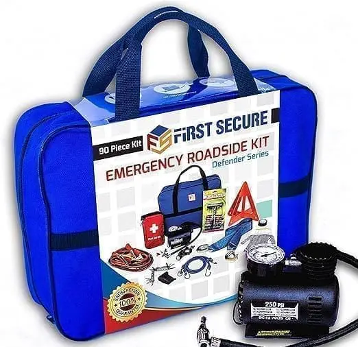 A blue bag with an air compressor and other items.