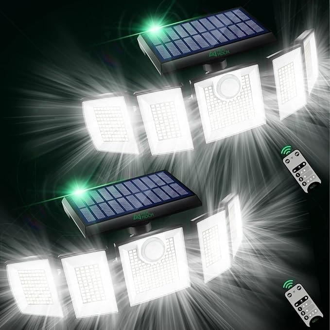 A series of solar lights with remote controls.