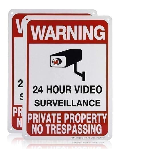 A pair of warning signs that say " 2 4 hour video surveillance private property no trespassing ".