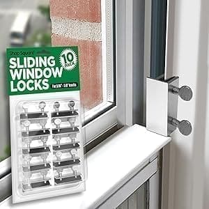 A window lock is shown on the inside of a window.