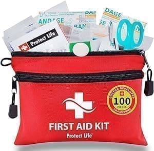 A first aid kit with 1 0 0 different items in it.