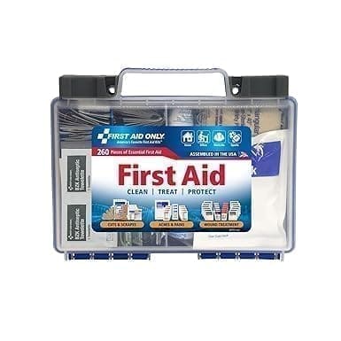 A first aid kit with all its contents in it.