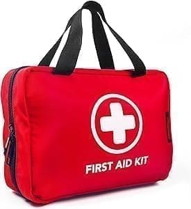 A red first aid kit bag with the words " first aid kit ".