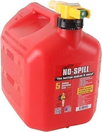 A red gas can with yellow cap and no spill logo.