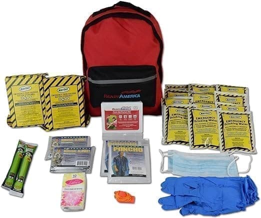 A backpack filled with emergency supplies and gloves.