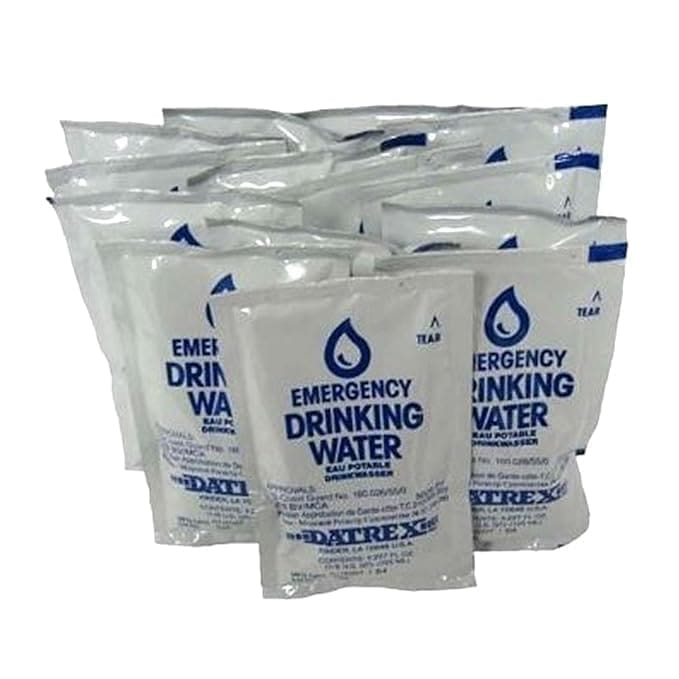 A group of emergency drinking water pouches.