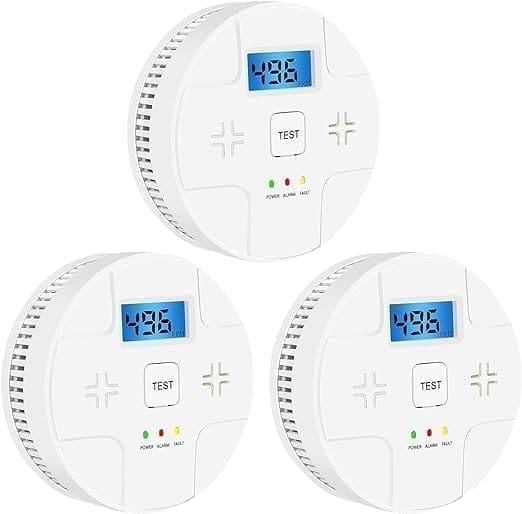 Three different types of smoke detectors with a blue display.