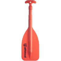 A paddle that is orange and has a handle.