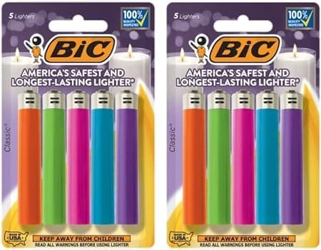 Two packages of bic lighters in different colors.