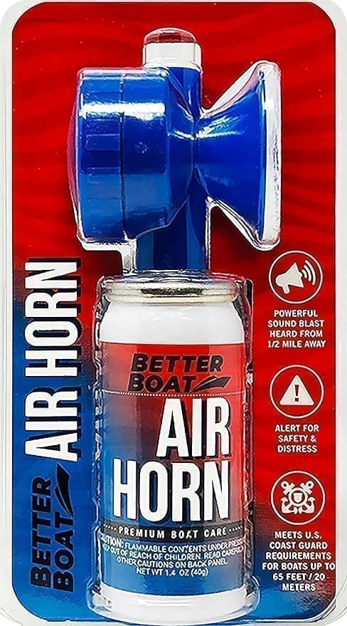 A can of air horn is shown with its package.