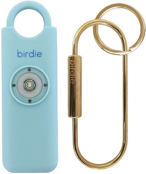 A blue case and gold key chain with the name birdie on it.