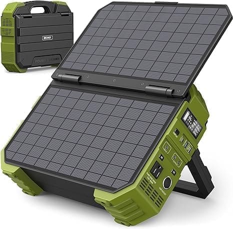 A portable solar panel charger is shown next to an open case.