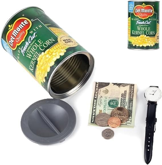 A can of whole kernel corn and some coins