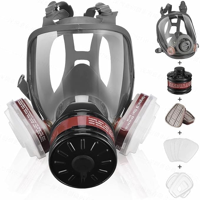 A gas mask with many filters and two additional parts.