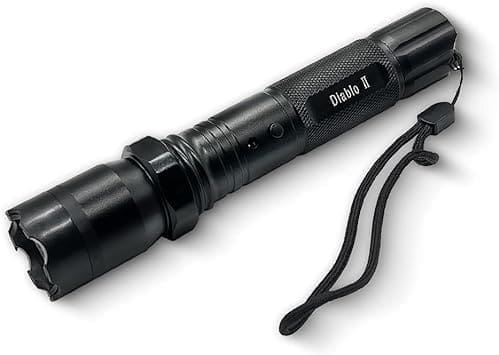 A black flashlight with a cord attached to it.