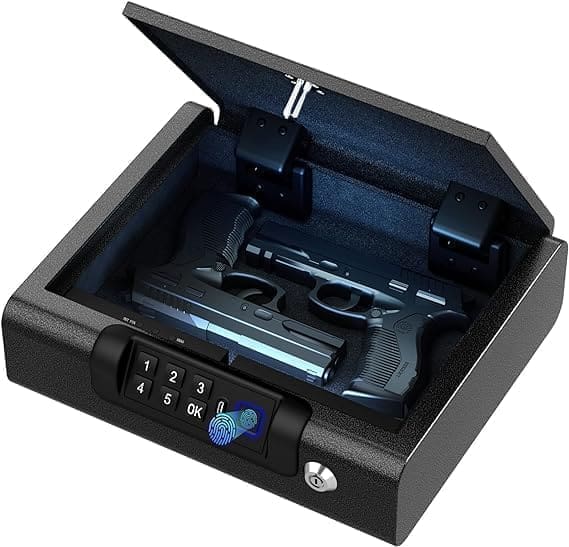 A gun safe with two guns inside of it.