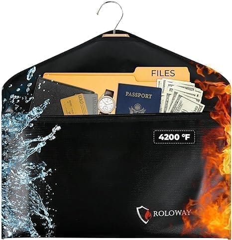 A black garment bag with fire and water designs on it.