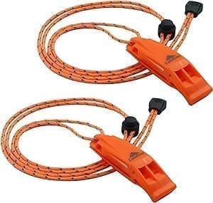 A pair of orange plastic whistle with cord.