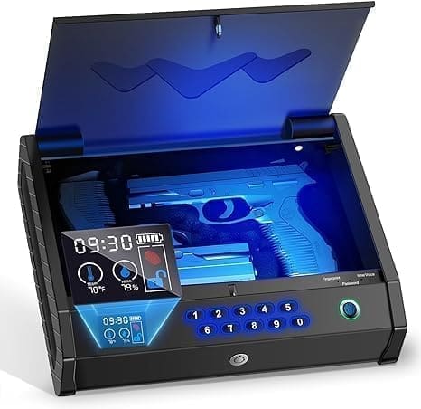 A gun that is in the box with blue lights.