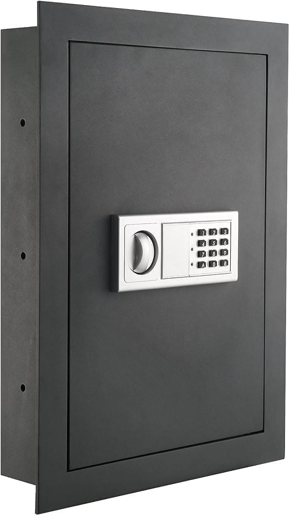 A black metal safe with a combination lock.