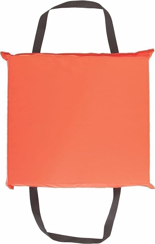 A square orange pillow with black handles.