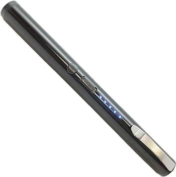 A black electronic cigarette with blue lights on it.