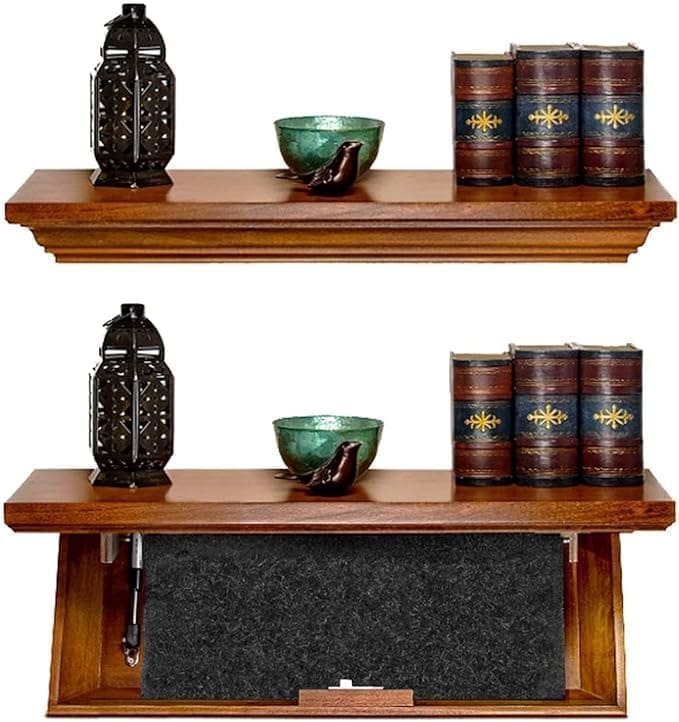 Two shelves with a vase and other items on top of them.