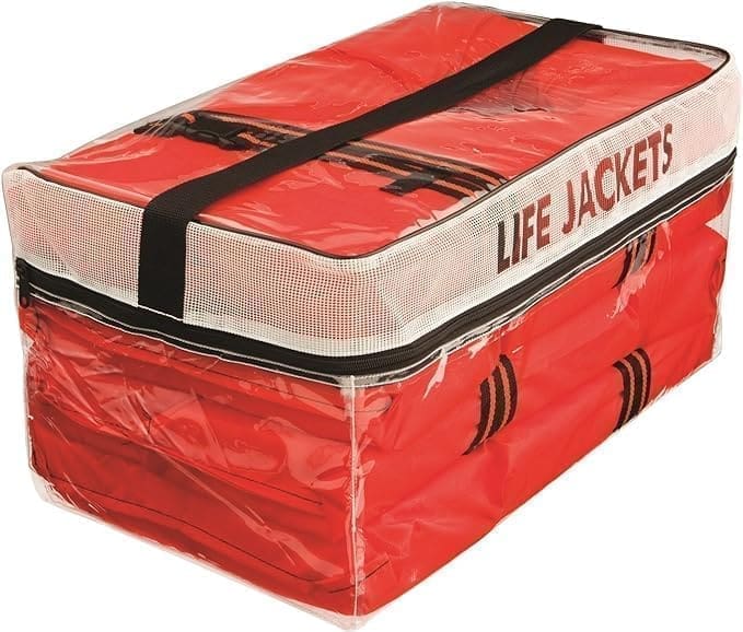 A red life jacket in its plastic bag.