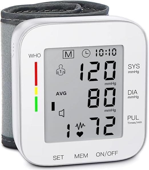 A digital blood pressure monitor is shown with the numbers 1 2 0 and 8 0.