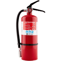 A fire extinguisher is shown with the hose attached.